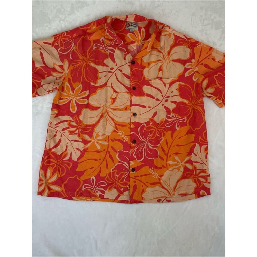 Hilo Hattie Hawaiian Shirt Mens 2XL Red Orange Floral Aloha Camp Button Up USA